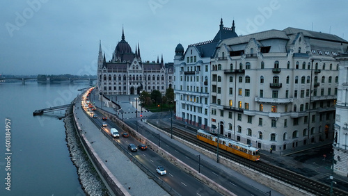 Aerial view of Hungarian Parliament Building, old historic tram and River Danube. Hungary