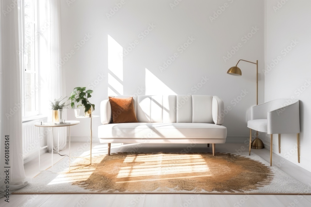 Photo of a cozy living room with a white couch and yellow accent pillows Photo of a cozy living room with a white couch and yellow accent pillows