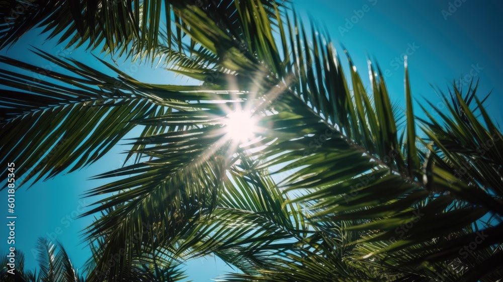 Photo of sun rays passing through the lush green palm tree leaves, beach summer concept, background