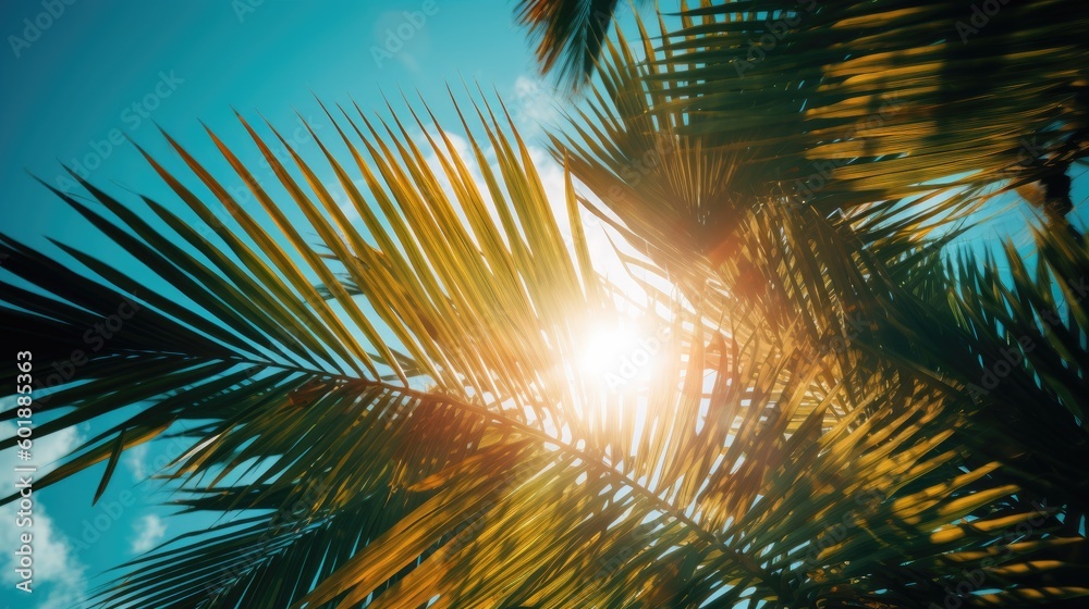 Photo of sun rays passing through the lush green palm tree leaves, beach summer concept, background