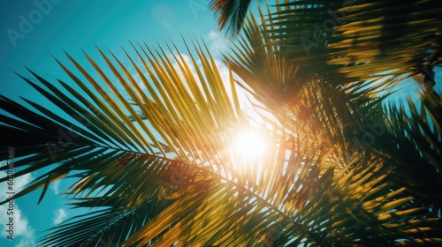 Photo of sun rays passing through the lush green palm tree leaves, beach summer concept, background
