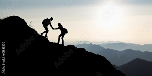Photo of two climbers ascending a steep mountain slope, hope, work, superation © Banana Images