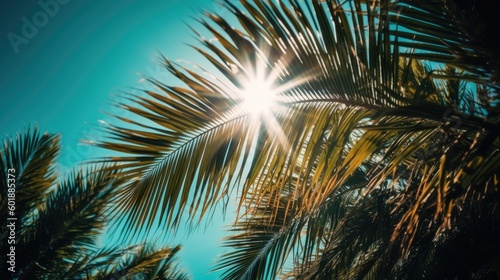 Photo of sun rays passing through the lush green palm tree leaves  beach summer concept  background