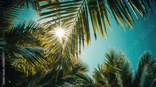 Photo of sun rays passing through the lush green palm tree leaves  beach summer concept  background