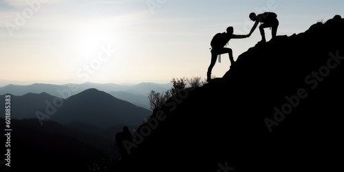 Photo of two climbers ascending a steep mountain slope, hope, work, superation