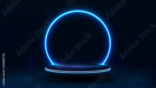 An empty floating podium with a bright neon round arch on a blue background.