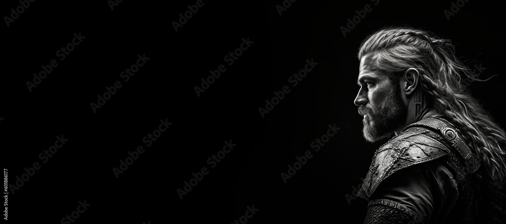 Black and white photorealistic studio portrait of a viking warrior on black background. Generative AI illustration