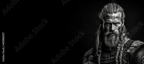 Black and white photorealistic studio portrait of a viking warrior on black background