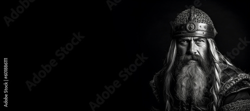 Black and white photorealistic studio portrait of a viking warrior on black background. Generative AI illustration