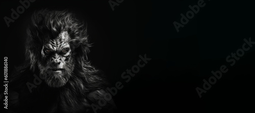 Black and white photorealistic studio portrait of a werewolf on black background. Generative AI illustration