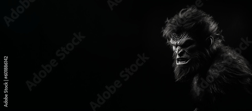 Black and white photorealistic studio portrait of a werewolf on black background. Generative AI illustration