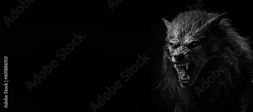 Black and white photorealistic studio portrait of a werewolf on black background. Generative AI illustration © JoelMasson