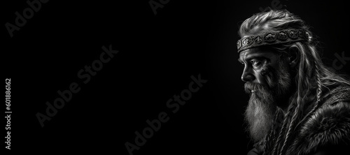 Black and white photorealistic studio portrait of a viking warrior on black background. Generative AI illustration © JoelMasson