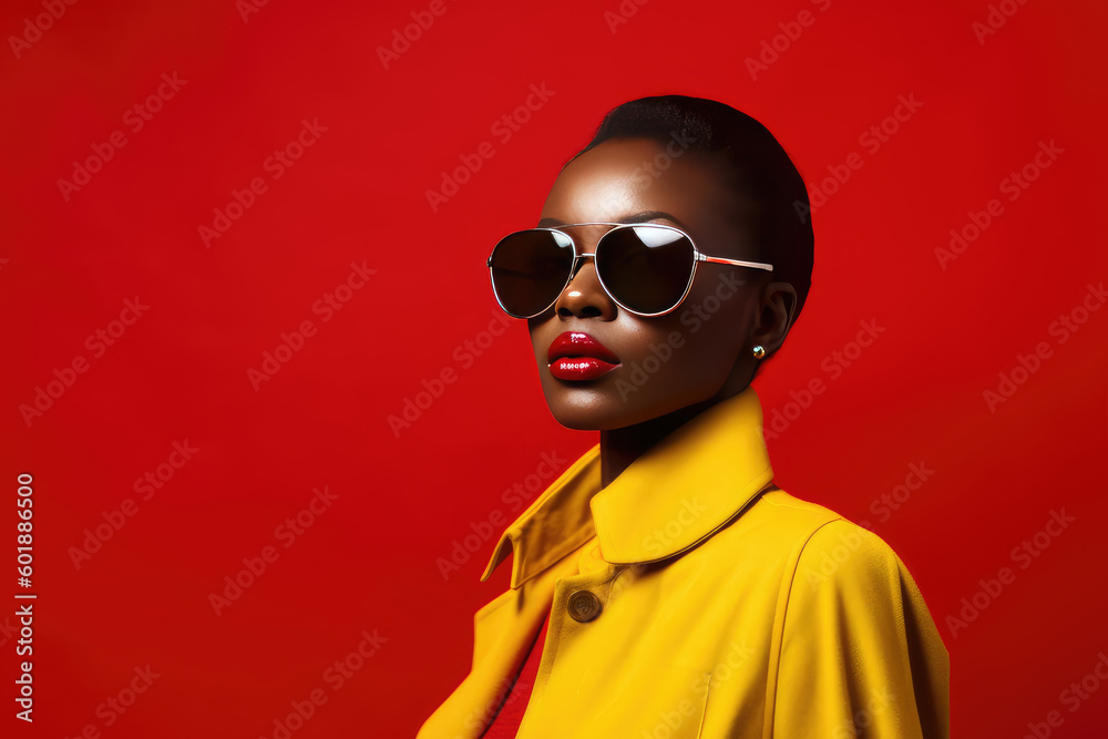Woman in high fashion tunic and sunglasses against bright colored background. Generative AI.
