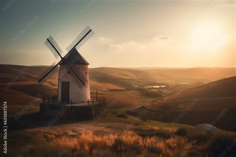 Windmill in Holland. Windmill at dawn. AI generated content