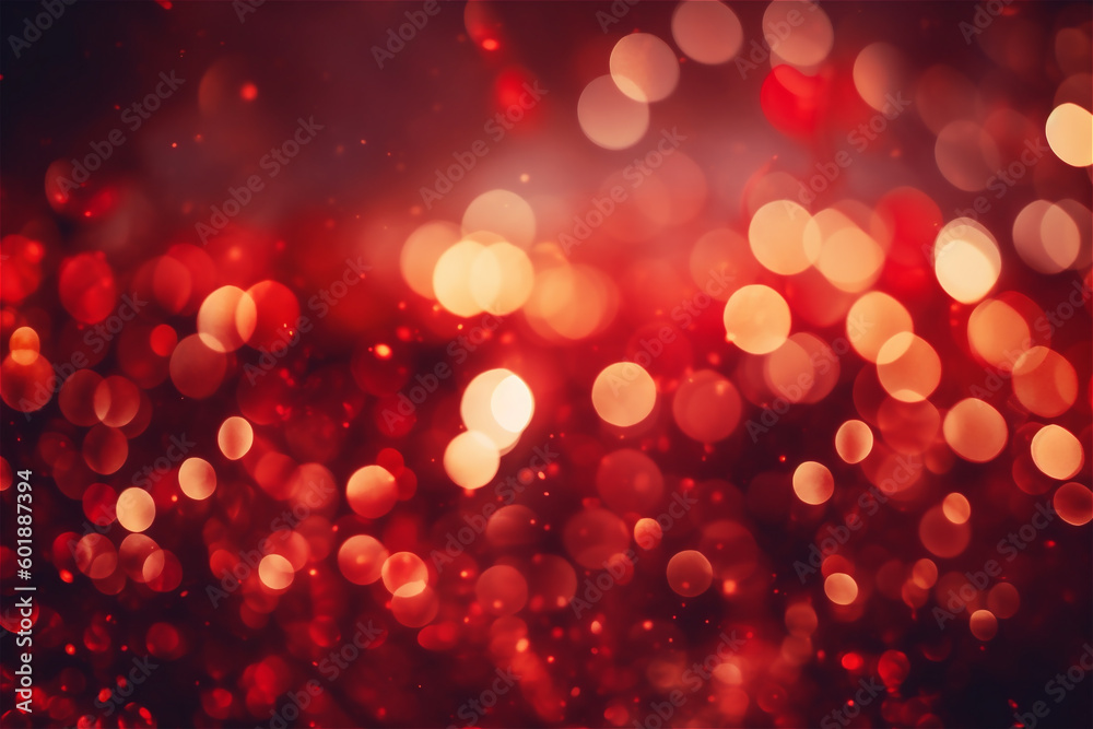 Red sparkles glitter and rays lights bokeh abstract holiday background/texture. AI generated content