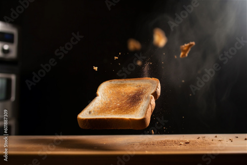 Slice of a hot toast levitating over a wooden table. AI generated content