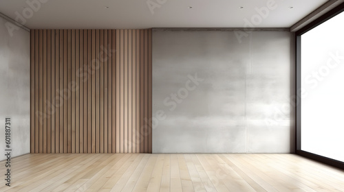 Empty room interior background  concrete wall and wooden paneling.