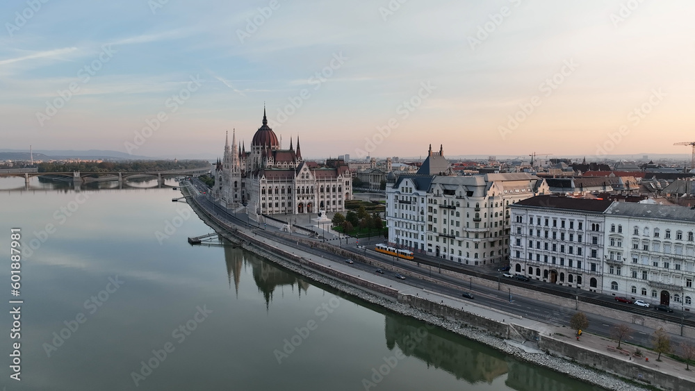 Amazing Skyline Establishing Bird Eye Aerial View Shot of Budapest city. Hungarian Parliament Building with the Danube river at sunrise. Hungary
