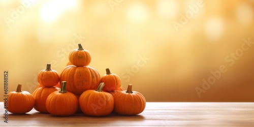 Ripe pumpkins on wooden table. Autumn background of the Thanksgiving greeting card. Space for copying. Generative AI.
