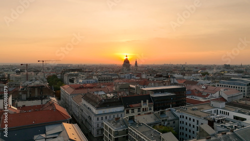 Stunning Sunrise, Aerial View Shot of Budapest city skyline, St. Stephens Basilica (Szent Istvan-bazilika) in the early morning. Hungary
