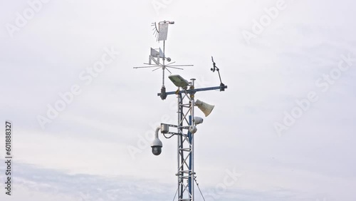 Tall Truss Construction Metal Mast with Meteorological Sensors and Surveillance CCTV Camera Equipment