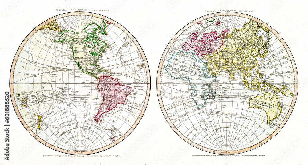 New World, or, Western Hemisphere; Old World, or Eastern Hemisphere (1790) by William Faden.