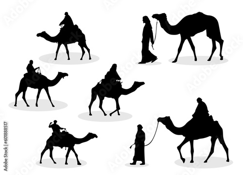  Set of Camel Silhouettes. Camel Illustration Animal Logo Silhouette. Camel vector silhouettes collection. silhouette of camel caravan with poeple. people riding camel.