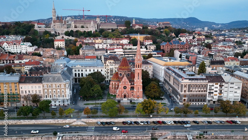 Aerial view of Budapest city skyline, Szilagyi Dezso Square Reformed Church is a Protestant church in Budapest, Hungary