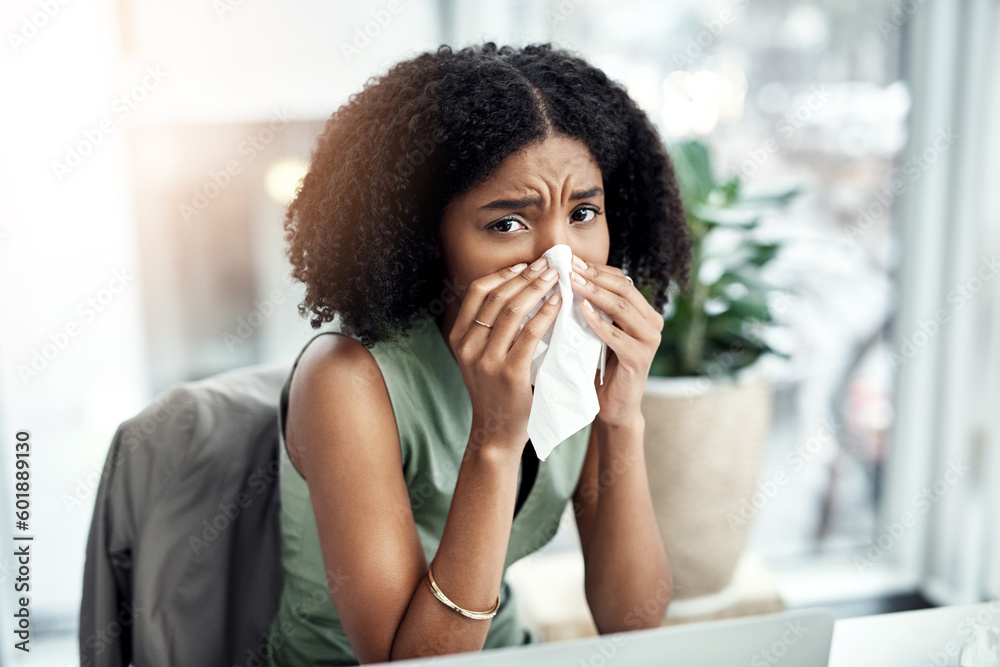 Allergies, blowing nose or sick black woman in office or worker with