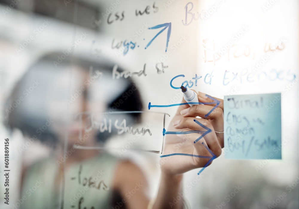 Obraz premium Glass wall, hands and business woman writing, strategy or planning in office. Brainstorming, board and female person write ideas, working on project and schedule, mindmap or information in workplace.