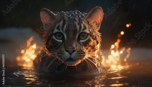Animal figures in water, with fire or water effect, lion figure. Kitten and baby lion. Generative Ai