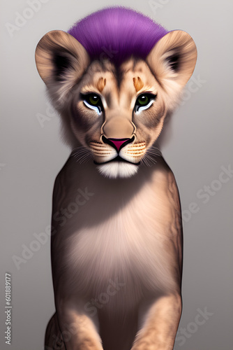 Beautiful lion cub with colorful mane, generative ai