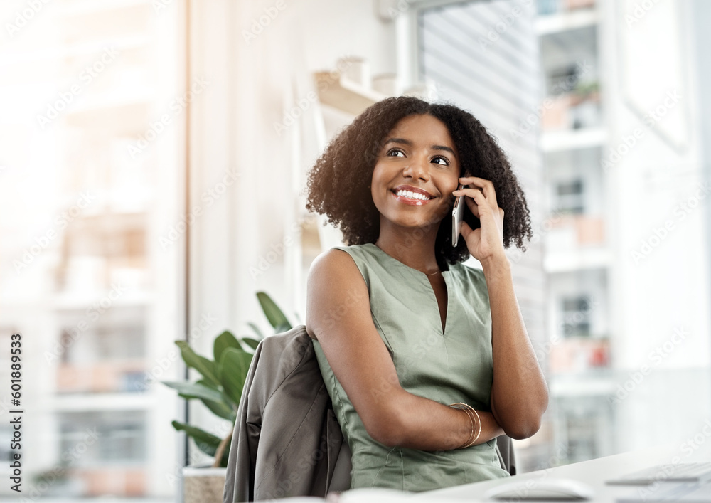 Phone call, thinking and happy woman in office for business communication, networking and feedback in workplace. Young african person listening, talking or speaking on mobile voip with career vision Phone call, thinking and happy woman in office for business communication, networking and feedback in workplace. Young african person listening, talking or speaking on mobile voip with career vision