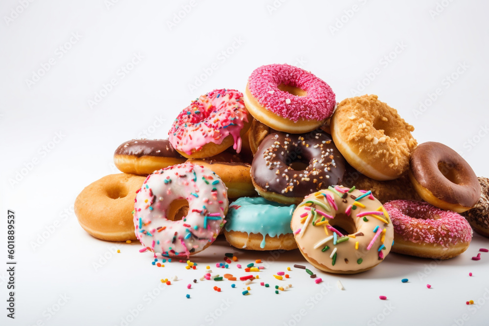 Colorful Heap of Assorted Sprinkled Donuts white background copy space Generative AI