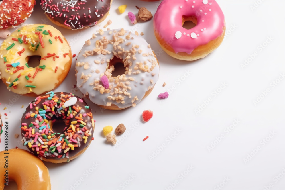 Colorful Heap of Assorted Sprinkled Donuts white background flat lay copy space Generative AI