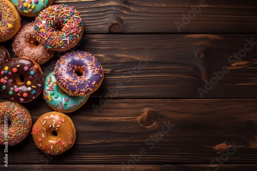 Colorful Heap of Assorted Sprinkled Donuts on Wood Table flat lay copy space Generative AI