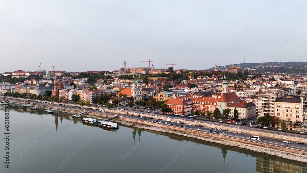 Aerial view of Budapest city skyline, Batthyany Square or Batthyany ter, a town square in Budapest. It is located on the Buda side of the Danube
