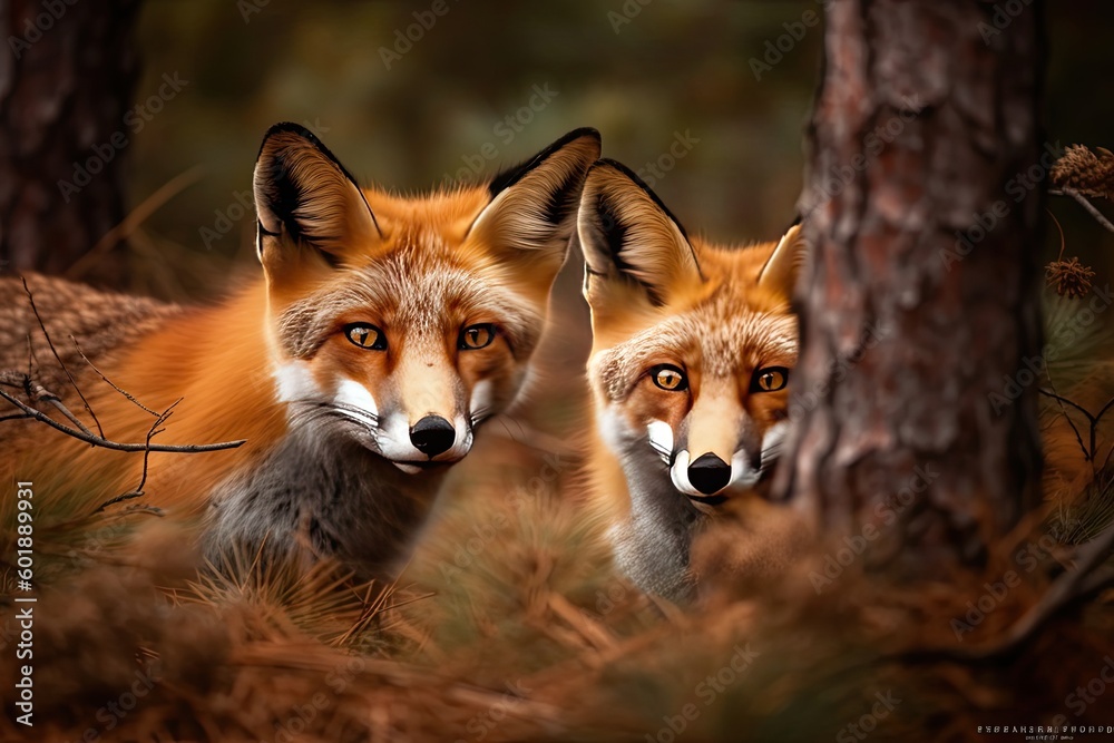 Red Foxes in green forest in Europe Red Foxes in green forest in Europe