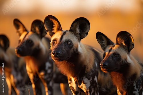 African wild dogs at sunset.ai generated