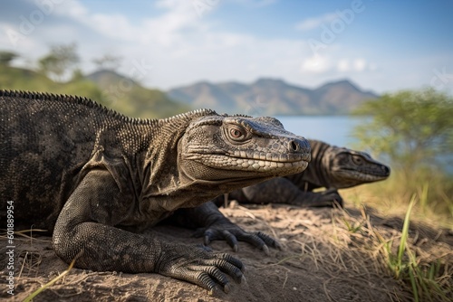 Komodo dragon.   Varanus komodoensis   Biggest in the world living lizard in natural habitat. Rinca Island. Indonesia.ai generated