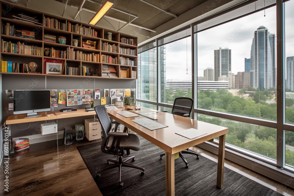 a spacious office with large windows and bookshelves, in the style of urban