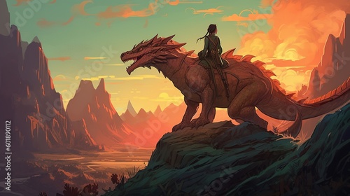 A young dragon rider sets out on a journey to find the legendary beast that can grant any wish. Fantasy concept , Illustration painting. Generative AI © X-Poser