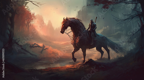 A noble knight and his loyal warhorse on a quest to vanquish a fearsome dragon. Fantasy concept   Illustration painting. Generative AI