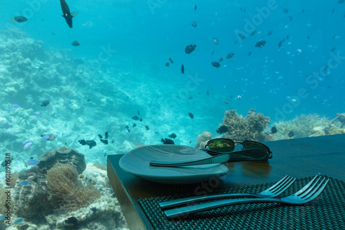 Fototapeta Naklejka Na Ścianę i Meble -  Underwater restaurant in the ocean.