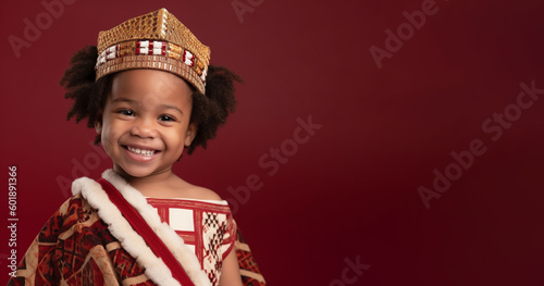 a smiling girl child dressed as a queen's soft solid dark red background generative ai