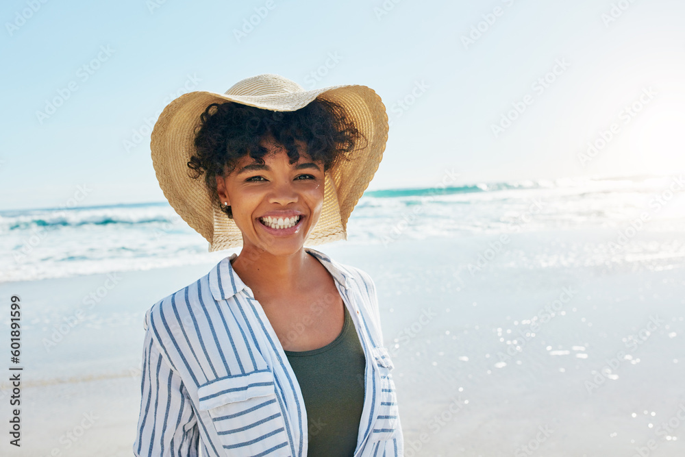 Woman, face portrait and summer at the beach for a vacation, travel or holiday with a smile. African female person at sea with happiness, freedom and positive mindset to relax outdoor - obrazy, fototapety, plakaty 