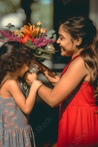 Children laughing with flowers in hand - Generative AI