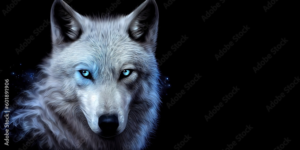 Mystical wolf with glowing eyes, in space style, on a black background with free space for any inscription or text. Generative AI