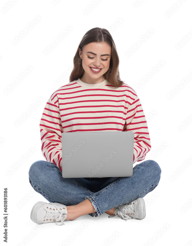 Naklejka premium Happy woman with laptop on white background